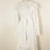 Turtle Neck Hollow Out White Dress Woman Spring Flare Sleeve Lace party female casual designer autumn clothing 210603