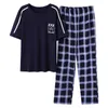 Plus Storlek Bomull Casual Plaid Short Sleeve Långbyxor Pajama Set för män Koreanska SleepWear Suit Pajama Man HomeWear Home Clothes 210901