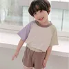 夏の子供のパッチワークラウンドネックショーツスポーツスーツの赤ちゃん男の子服セットリトルガール服210701