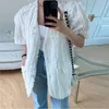 Temperament all-match koreansk chic lös vit v nacke kortärmad tofs coat kvinnor patchwork mode ol svart jacka dra 210610
