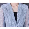 Fatos femininos blazers verão lace top mulheres transparentes botão único três quartos manga oco fora blazer jaqueta fina outwear