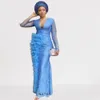 Aso Ebi Arabic Style Plus Size Evening Dresses 2022 Sexy V Neck Full Blue Lace Sheer Long Sleeves Formal Prom Party Second Reception Gowns