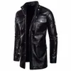 Men's Mid Long Leather Jacket Men Spring Autumn Motorcycle Biker Leather Jackets Coats Male Windbreaker Black Outwear 2021 P0813