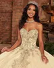 Champagne Lace Appliqued Ball Gown Quinceanera Dresses Sequined Off The Shoulder Prom Gowns Floor Length Tulle Tiered Sweet 15 Masquerade Dress