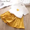 Humor Bear Baby Summer New Clothing Fashion Bow Tie Dot T-shirt +Cat Umbrella Skirt Children's Suit Cartoon Dress Clothes Set X0902