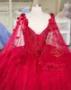 Red Sweetheart Princess Ball Gown Beaded 3D Flowers Quinceanera Dresses With Cape Sweet 15 16 Dress Prom Robe De Bal