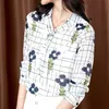 Koreanische Chiffon Frauen Shirts Frau Kariertes Hemd V-ausschnitt Druck Blusen Tops Plus Größe OL Langarm Blusas Mujer De moda 210531