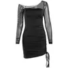 Casual jurken vrouwen scheve kraag sexy jurk 2021 lady mesh gesplitste lente trekkoord mini -imperium geplooide transparante slanke vestidos streetwea