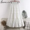 Surmiitro vår sommar lång kjol Kvinnor Koreansk stil Elegant vit Svart Laciness Hög midja Maxi Skirt Kvinna 210712