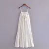 Women White Backless Summer Dress Za Sleeveless Straps Sexy Tiered Midi Dresses Woman Chic Bow Elastic Pleated Party Dress 210602