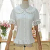 Camisa de lolita dulce manga corta de hojaldre flor bordada cuello peter pan blusa con volantes blancos para damas 210303