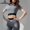 NADANBAO Top Verkauf Atmungsaktive Hüfte Leggings Sommer Gym Workout Yoga Set Einfarbig Yoga Übung Anzug T200605