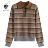 Fansilanen polo gestreepte vintage gebreide trui vrouwen lange mouw oversized pullover vrouwelijke herfst winter knop omhoog jumper top 210607