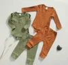 Комплекты одежды Детские девочки ребристые одежды набор в горошек Print с длинным рукавом O-образным вырезом упругих талии брюки теплые осень весна
