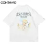 Tshirts Streetwear Ripped Distressed Destroyed Jesus Angel Print Short Sleeve Tees T Shirts Hip Hop Casual Loose Tops 210602