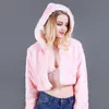 女性テディコートLEDライトファッションファックスファーフード付きジャケットジャケットプロムナイトクラブコスチュームウサギ毛皮ピンクコートパーティーセクシーY0829