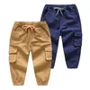 Printemps automne décontracté 3 4 6 8 10 ans pantalons solides pour enfants grande poche cordon long pantalon cargo pour enfants bébé garçons 210701
