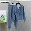 GIGOGOU Bling 2 Piece Sweater Tracksuits Women Harrem Pants + Double V Neck Pullover Set Autumn Winter Knitted Clothing 211105