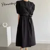 Yitimuceng Ruffles Dresses for Women Lace Up Puff Sleeve Elastic Waist Khaki White Black Summer Korean Fashion Dress 210601