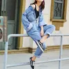 PERHAPS U Blue Denim Jeans Turn Down Collar Full Sleeve Long Sleeve Jumpsuit Sash Casual High Street Women J0022 210529