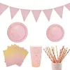 Dostępne zastawy stołowe różowe złote zestawy stołowe imprezowe do dekoracji papierowe kubki talerze słomy