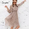 Simplee Zarif Bahar Yaz Çiçek Baskı Midi Elbise Kadın Fırfır Kollu Yay Kanat Pileli Elbise Chic Yüksek Bel Elbiseleri Gevşek 210306