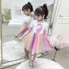 Vestidos para niñas Vestidos Para Nias Niñas de manga corta Arco iris Costura Moda Vestido informal Vestido de verano G1215