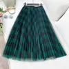 Tigena Long Plaid Tulle Skirt Kvinnor Fashion Summe Elegant En Linje Hög Midja Pläterad Kontrollerad Maxi Kvinna Ladies Green 210619