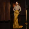 Luxe 2021 Kralen Mermaid Avondjurken Sleutelhang Hals Lange Mouw Arabische Dubai Pageant Jurk Satijn Peplum Lange Prom Dress