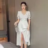 White Long Dress for women Summer Korea Short Sleeve V neck smooth Sundress Sexy Ladie Party maxi Dresses 210602