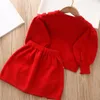 Enfants bébé fille vêtements ensembles pull chaud pull printemps automne filles nœud papillon mignon couleur unie tricots + jupe ensemble 2 pièces