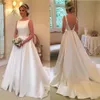 Elegante Satin A-Linie Brautkleider Kleider Bateau Sexy Rückenfrei Sweep Zug Maßgeschneiderte Garten Plus Größe Einfache Vestido De Novia 401