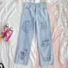 Harajuku Fashion Cotton Women Denim Jeans High Weist Curled Denim Straight Pants Sweet Cute Puppy Embroidery Girl Denim Brouters 210302