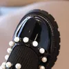 For Kids Pearl Buckle Shoes Girl Knit Ankle Boots Slip-on Round Toes Leather Boot 2021 Child School Uniform Dress Shoe Black Beige 26-36