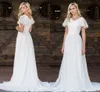 Boho Plus size Chiffon A Line Abiti da sposa con maniche corte a fluttuazione a V Corna Bulsini posteriori della spiaggia.