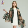 [BYSIFA] Brand Blue Green Silk Scarf Shawl Female Accessories Spring Autumn Floral Pattern 100% Silk Women Long Scarves Wraps Q0828