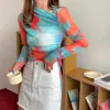 Yedinas Bahar Mesh Tops Kadınlar Uzun Kollu T Gömlek Asimetrik Boyun Tshirt Soyutlama Baskı En İyi Giysiler See 210527