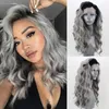 Long Wavy Lace Front Wig Ombre Grey Two Tones High Temperature Fiber Hair Synthetic Wigs for Women Cosplay