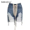 Twotwinstyle Patchwork Cross Strap Denim Shorts Mulheres High Cintura Burro Tassel Streetwear Shorts Feminino verão moda novo 210317