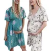 Flower Print Pregnant Dress Summer Womens Mother Lace Maternity Dresses Short Sleeve Nursing Pregnant Pajamas Flower Cozy Q0713