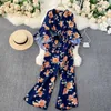 Women Fashion Holiday Printed Jumpsuit V Neck Long Flare Sleeve Irregular Slim Wide Leg Overalls Clothes R099 210527