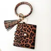 PU Läder Bangle Armband Kortväska Keychain Wristlet Keyring Leopard Läderarmband Kreditkortshållare med tofs