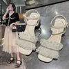 Elbise Ayakkabı Inci Sandalet Temizle Topuklu 2021 Yaz Kadın Ayakkabı Med Toka Kayış Gladyatör Blok Kızlar Moda Orta Bej Comfort Plaj