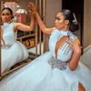 2021 Wedding Dresses for Bride High Neck Side Split Sweep Train Illusion Bodice Crystal Beads Chapel Garden Bridal Gowns vestidos de novia