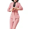 Formal Women Pink Pant Suits Office Ladies Work Wear Apparel Tie Collar Jacket Blazer and Trouser Outfit Winter Fall 2 Piece Set 211007