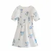 ZA夏刺繍の花ミニドレス女性短いパフスリーブオープンワークホワイトドレス女性弾性刺繍ドレス210602