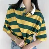 Yedinas Contrast Color Striped Patchwork Krótki Rękaw T Shirt Kobiety Wyłącz Kołnierz Przycisk Trójniki Harajuku Topy Koreański Styl Tee 210527