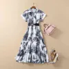 Milan Runway Dress 2021 Lapel Neck Short Sleeve Panelled Print Designer Dress Brand Same Style