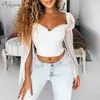 Sexy V-Neck Hollow Short White Black Trumpet Sleeves Ladies Elegant Backless Tight Shirt Fashion Bandage Top 210525