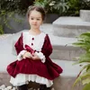 Toddler Girl Red Vintage Velvet Dress Children Lace Bow Lolita Princess Dresses Baby Christmas Frocks Kids Spanish Vestidos 210615